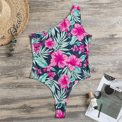 Pink Hibiscus Tropical Pattern Print One Shoulder Bodysuit