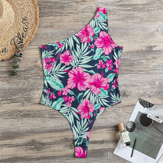 Pink Hibiscus Tropical Pattern Print One Shoulder Bodysuit