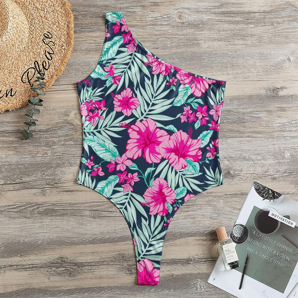 Pink Hibiscus Tropical Pattern Print One Shoulder Bodysuit