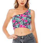 Pink Hibiscus Tropical Pattern Print One Shoulder Crop Top