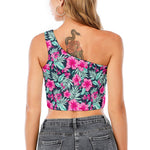 Pink Hibiscus Tropical Pattern Print One Shoulder Crop Top