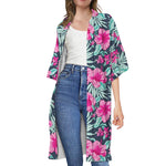 Pink Hibiscus Tropical Pattern Print Open Front Beach Cover Up