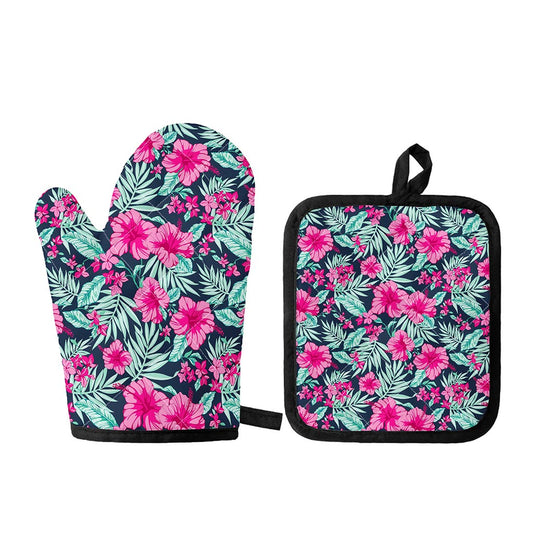 Pink Hibiscus Tropical Pattern Print Oven Mitt And Pot Holder Set