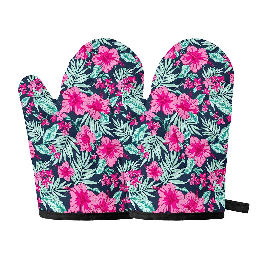 Pink Hibiscus Tropical Pattern Print Oven Mitts