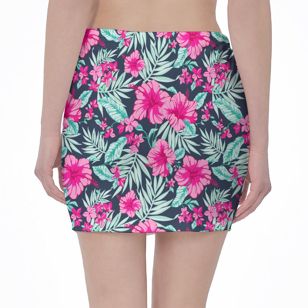 Pink Hibiscus Tropical Pattern Print Pencil Mini Skirt