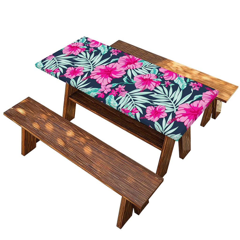 Pink Hibiscus Tropical Pattern Print Picnic Table Cover