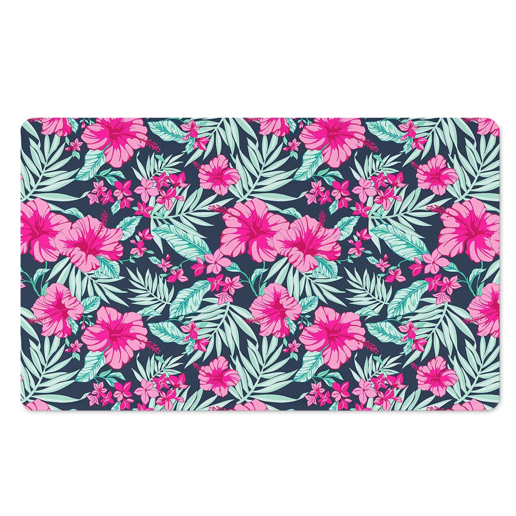 Pink Hibiscus Tropical Pattern Print Polyester Doormat