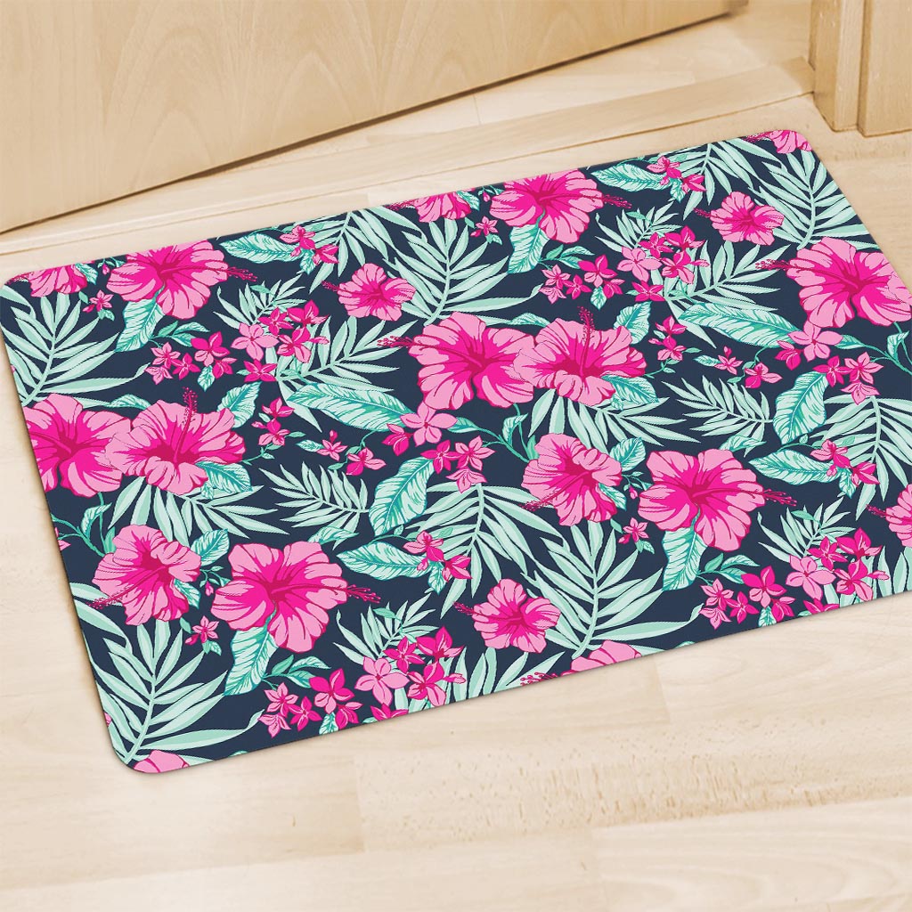 Pink Hibiscus Tropical Pattern Print Polyester Doormat