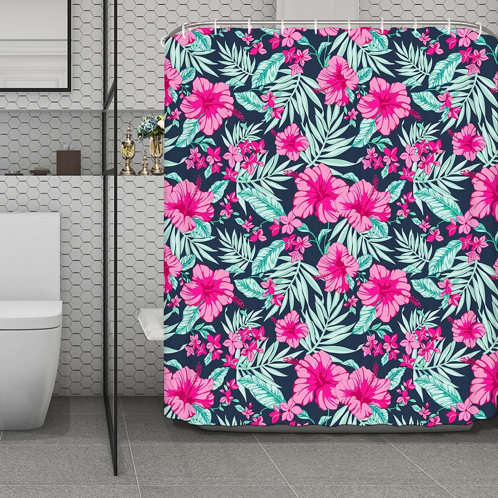 Pink Hibiscus Tropical Pattern Print Polyester Shower Curtain