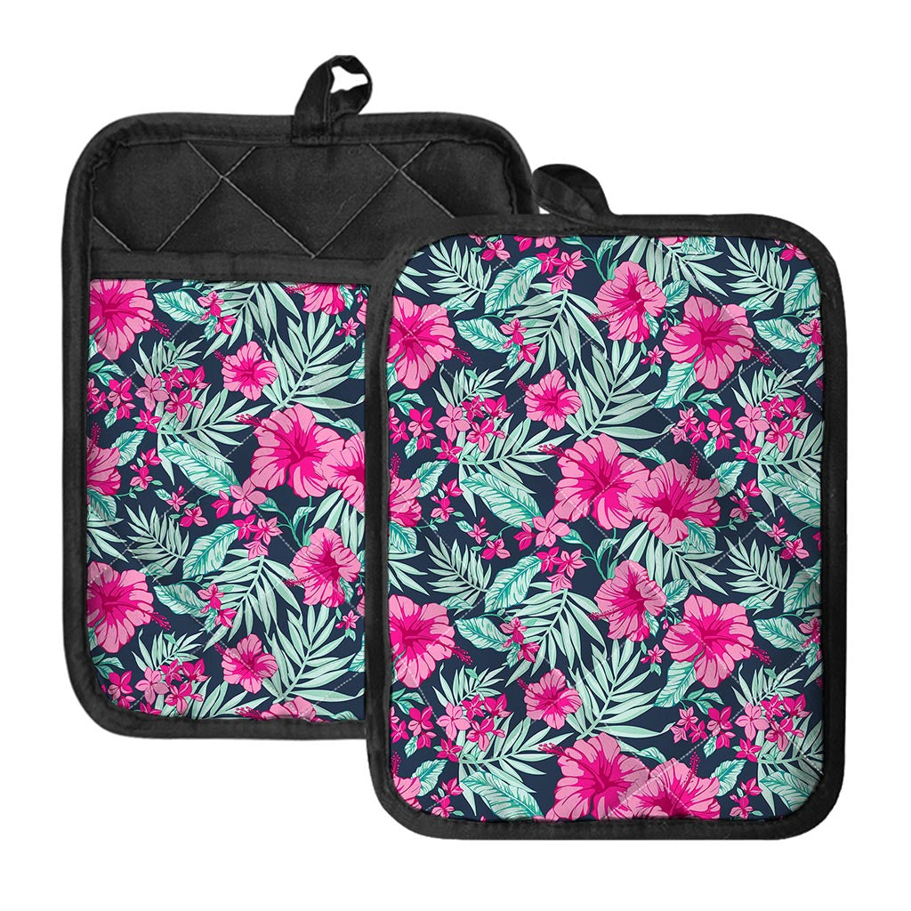 Pink Hibiscus Tropical Pattern Print Pot Holders With Pocket