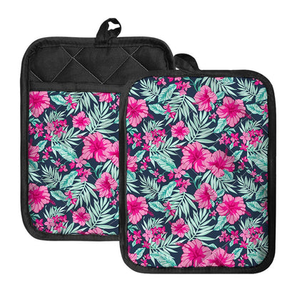 Pink Hibiscus Tropical Pattern Print Pot Holders With Pocket