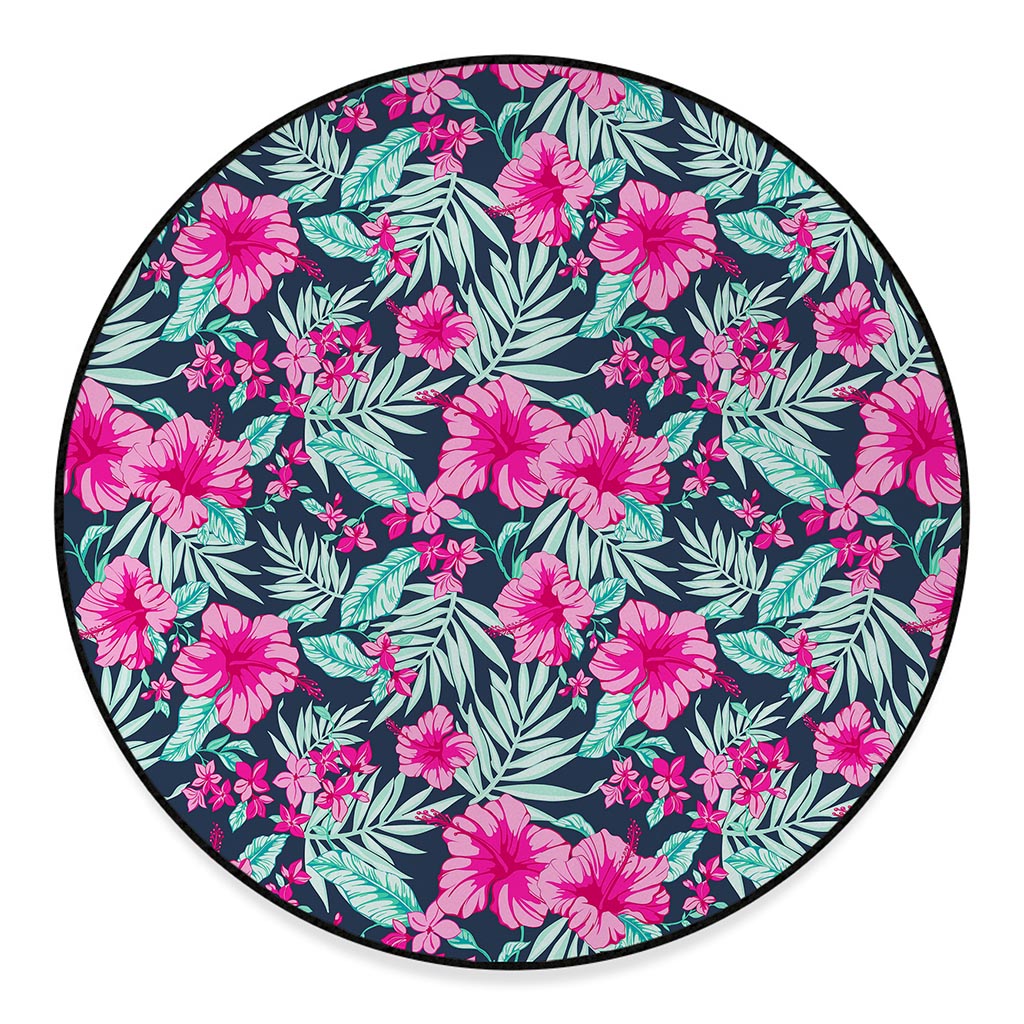 Pink Hibiscus Tropical Pattern Print Round Floor Mat