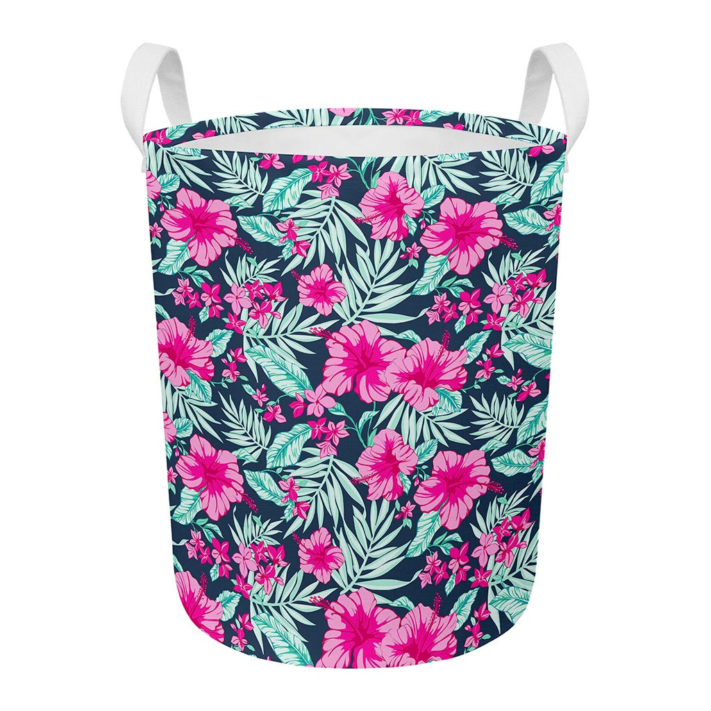 Pink Hibiscus Tropical Pattern Print Round Laundry Basket