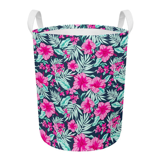 Pink Hibiscus Tropical Pattern Print Round Laundry Basket