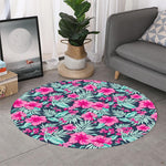 Pink Hibiscus Tropical Pattern Print Round Rug