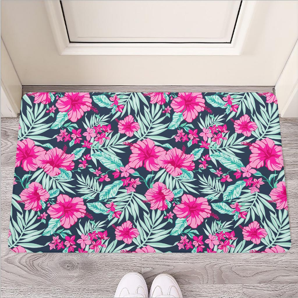 Pink Hibiscus Tropical Pattern Print Rubber Doormat