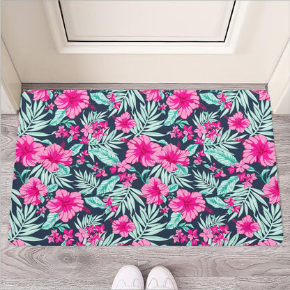 Pink Hibiscus Tropical Pattern Print Rubber Doormat