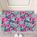 Pink Hibiscus Tropical Pattern Print Rubber Doormat