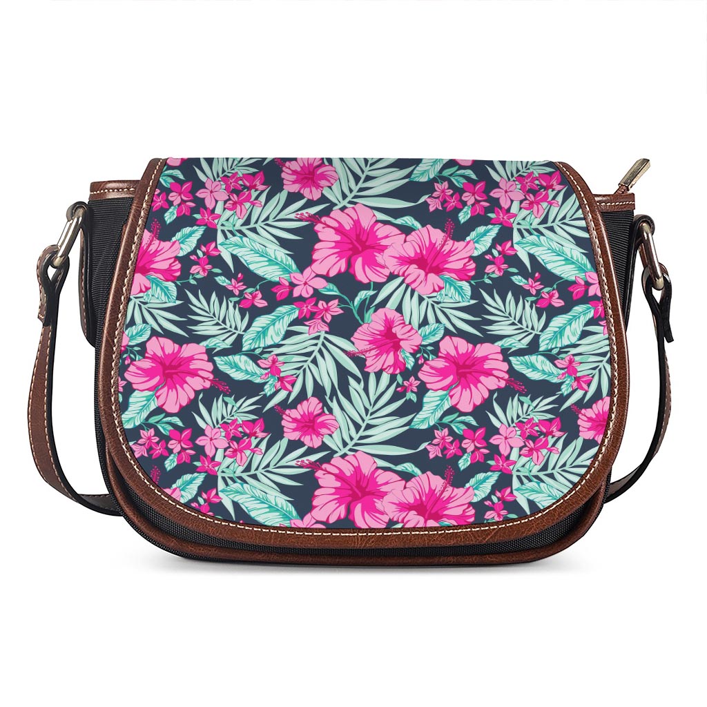 Pink Hibiscus Tropical Pattern Print Saddle Bag