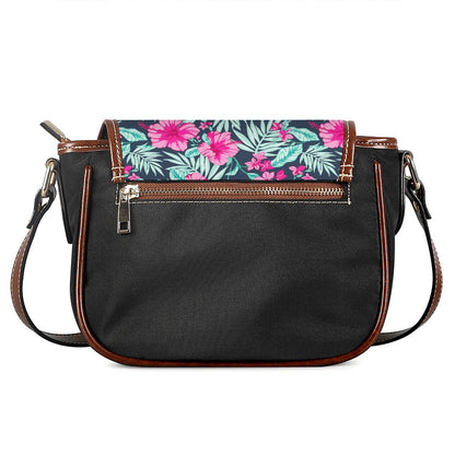 Pink Hibiscus Tropical Pattern Print Saddle Bag