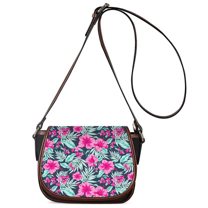 Pink Hibiscus Tropical Pattern Print Saddle Bag