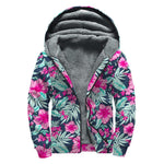 Pink Hibiscus Tropical Pattern Print Sherpa Lined Zip Up Hoodie