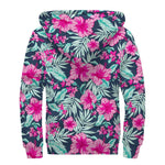 Pink Hibiscus Tropical Pattern Print Sherpa Lined Zip Up Hoodie