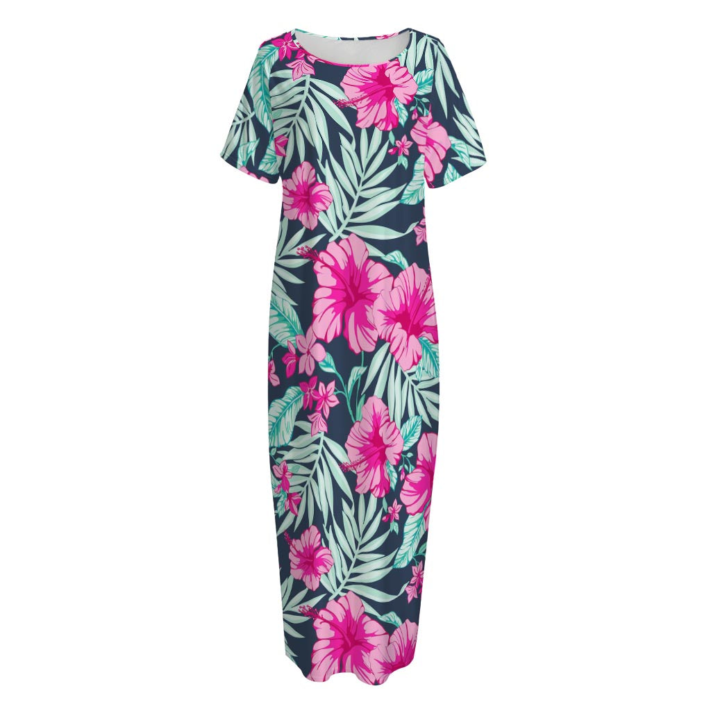 Pink Hibiscus Tropical Pattern Print Short Sleeve Long Nightdress