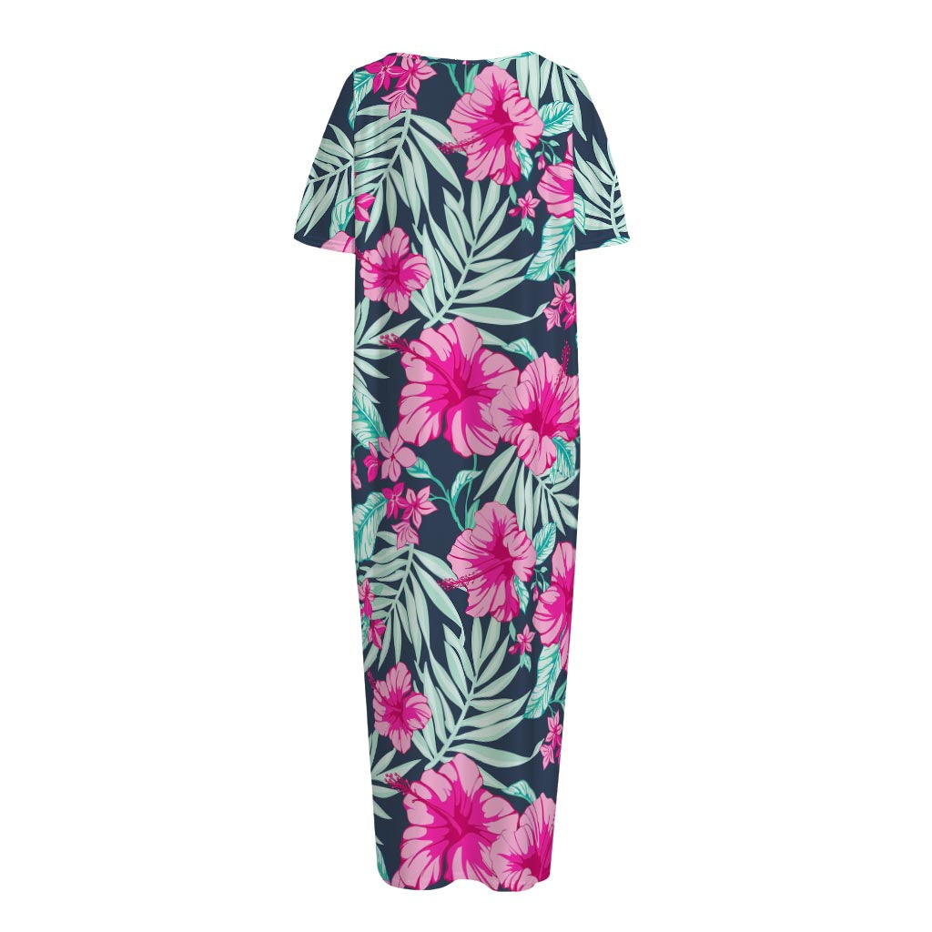 Pink Hibiscus Tropical Pattern Print Short Sleeve Long Nightdress