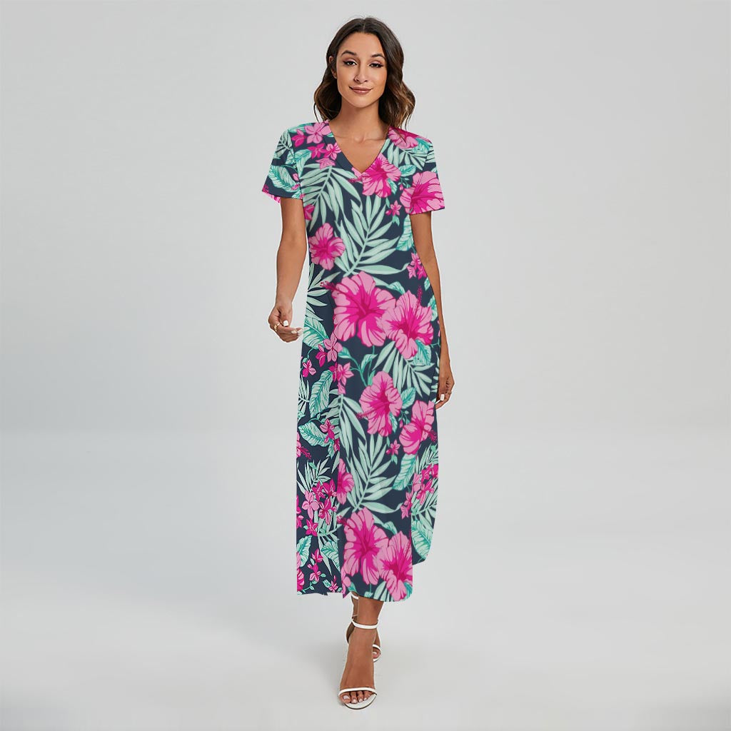 Pink Hibiscus Tropical Pattern Print Short Sleeve Maxi Dress