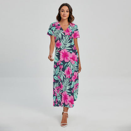 Pink Hibiscus Tropical Pattern Print Short Sleeve Maxi Dress