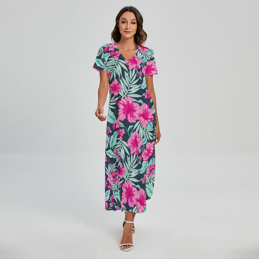 Pink Hibiscus Tropical Pattern Print Short Sleeve Maxi Dress