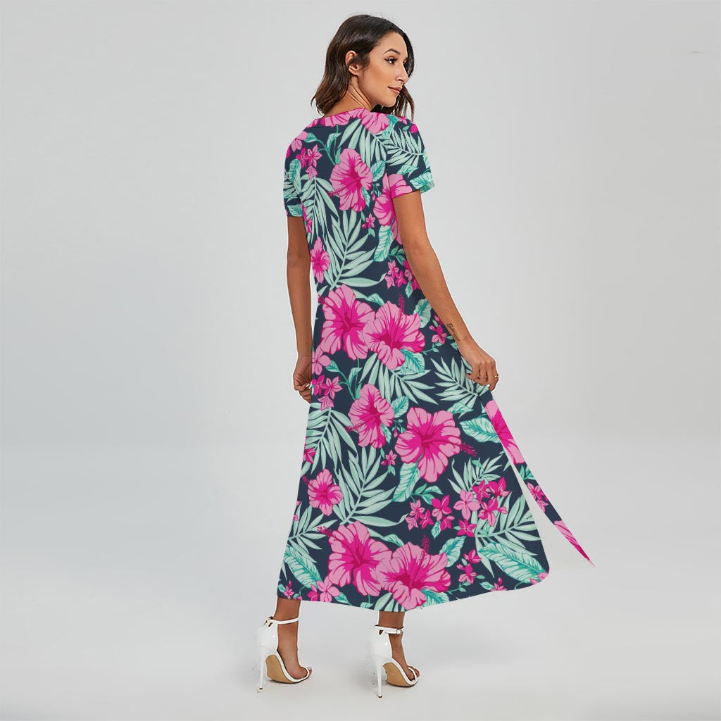 Pink Hibiscus Tropical Pattern Print Short Sleeve Maxi Dress