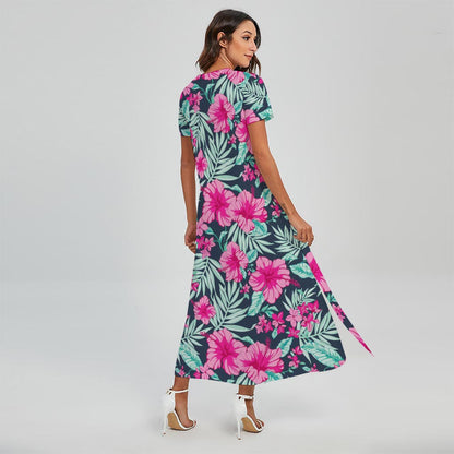 Pink Hibiscus Tropical Pattern Print Short Sleeve Maxi Dress