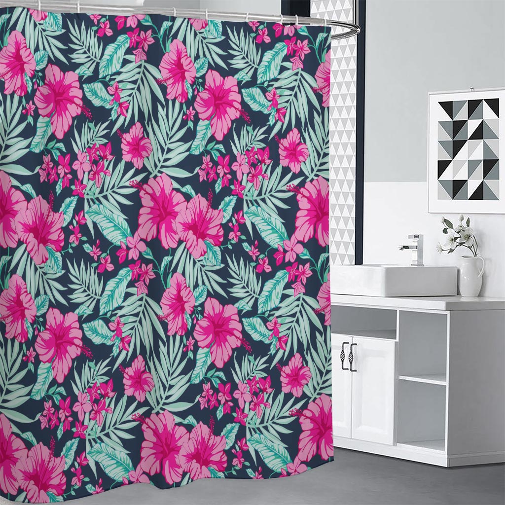Pink Hibiscus Tropical Pattern Print Shower Curtain