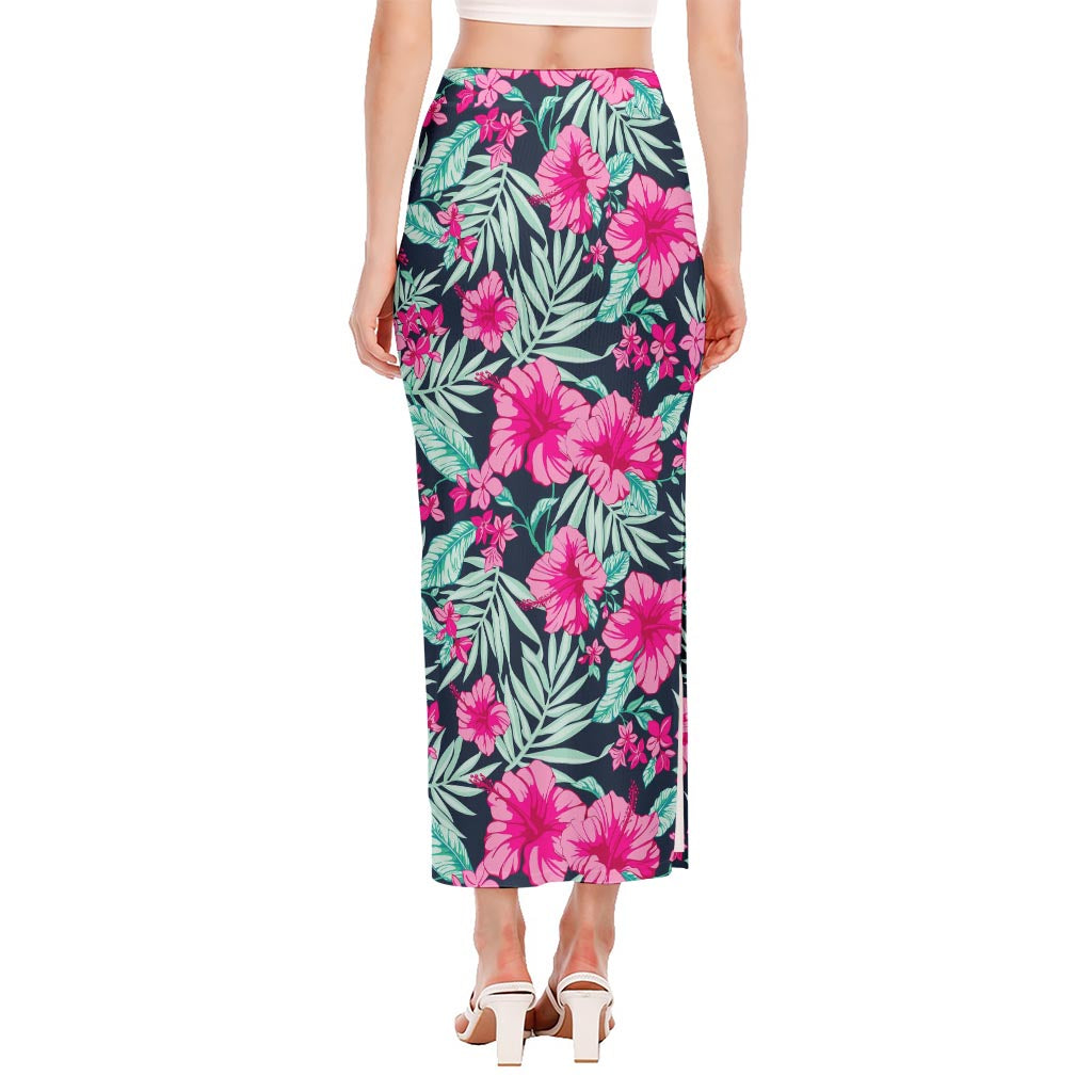 Pink Hibiscus Tropical Pattern Print Side Slit Maxi Skirt