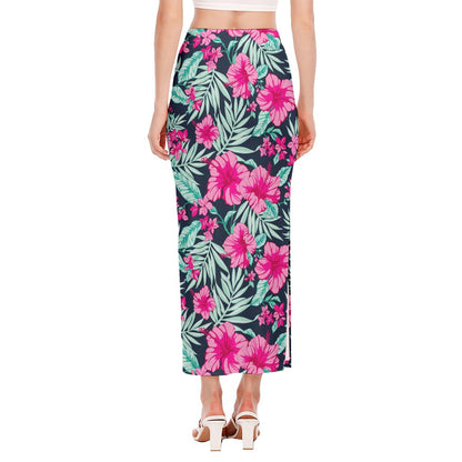Pink Hibiscus Tropical Pattern Print Side Slit Maxi Skirt