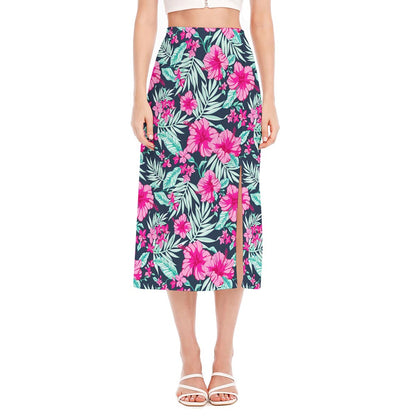 Pink Hibiscus Tropical Pattern Print Side Slit Midi Skirt