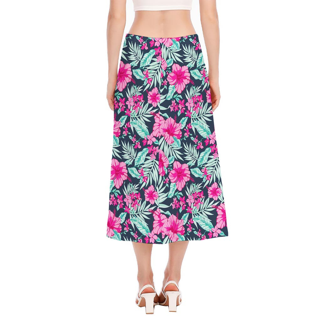 Pink Hibiscus Tropical Pattern Print Side Slit Midi Skirt