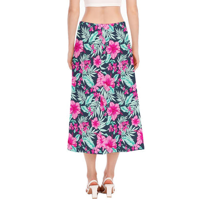 Pink Hibiscus Tropical Pattern Print Side Slit Midi Skirt