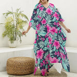Pink Hibiscus Tropical Pattern Print Silk V-Neck Kaftan Dress