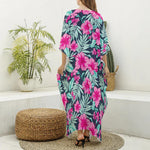 Pink Hibiscus Tropical Pattern Print Silk V-Neck Kaftan Dress