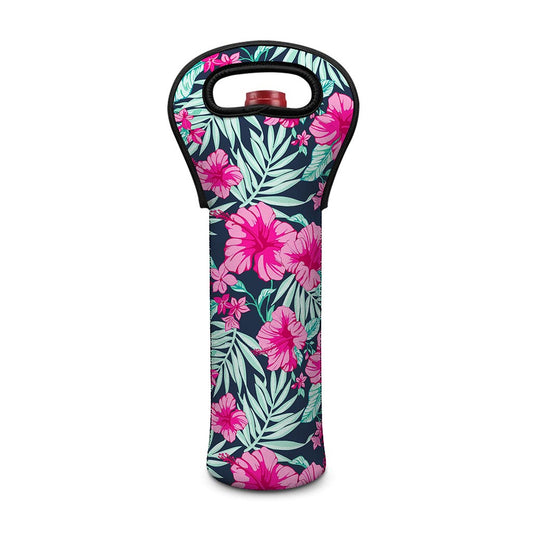 Pink Hibiscus Tropical Pattern Print Single Neoprene Wine Tote