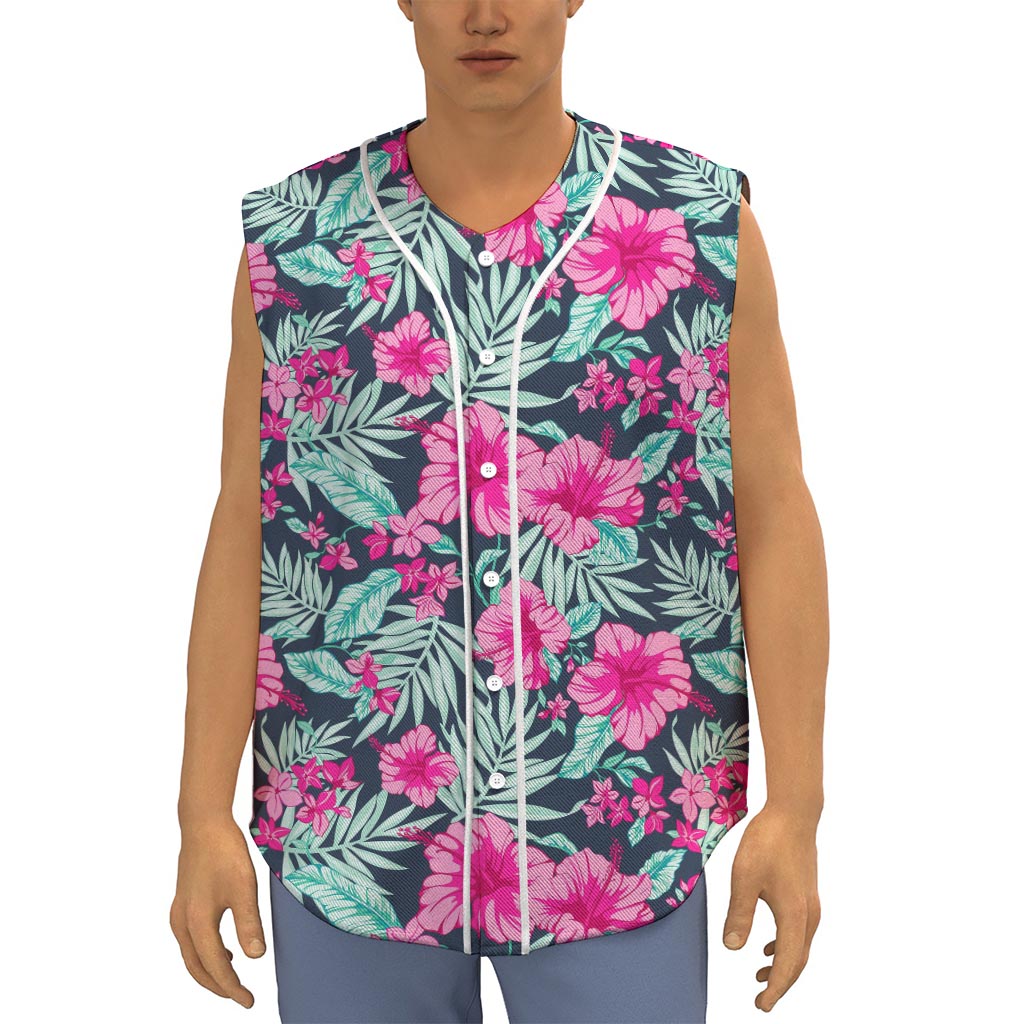 Pink Hibiscus Tropical Pattern Print Sleeveless Baseball Jersey