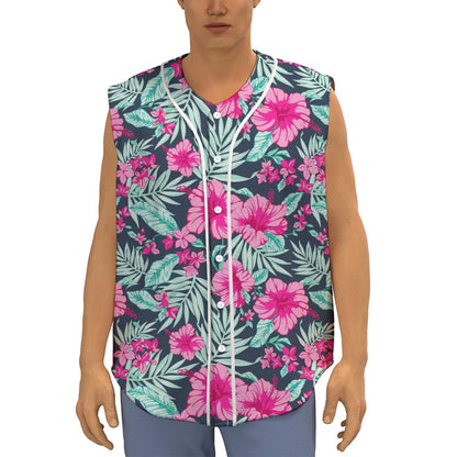Pink Hibiscus Tropical Pattern Print Sleeveless Baseball Jersey