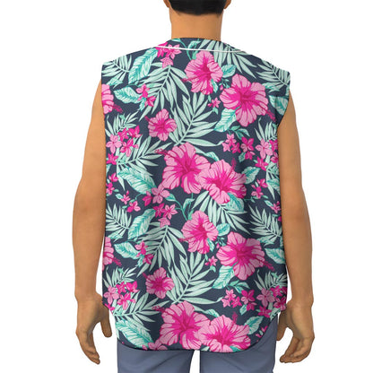 Pink Hibiscus Tropical Pattern Print Sleeveless Baseball Jersey