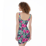 Pink Hibiscus Tropical Pattern Print Sleeveless Bodycon Dress