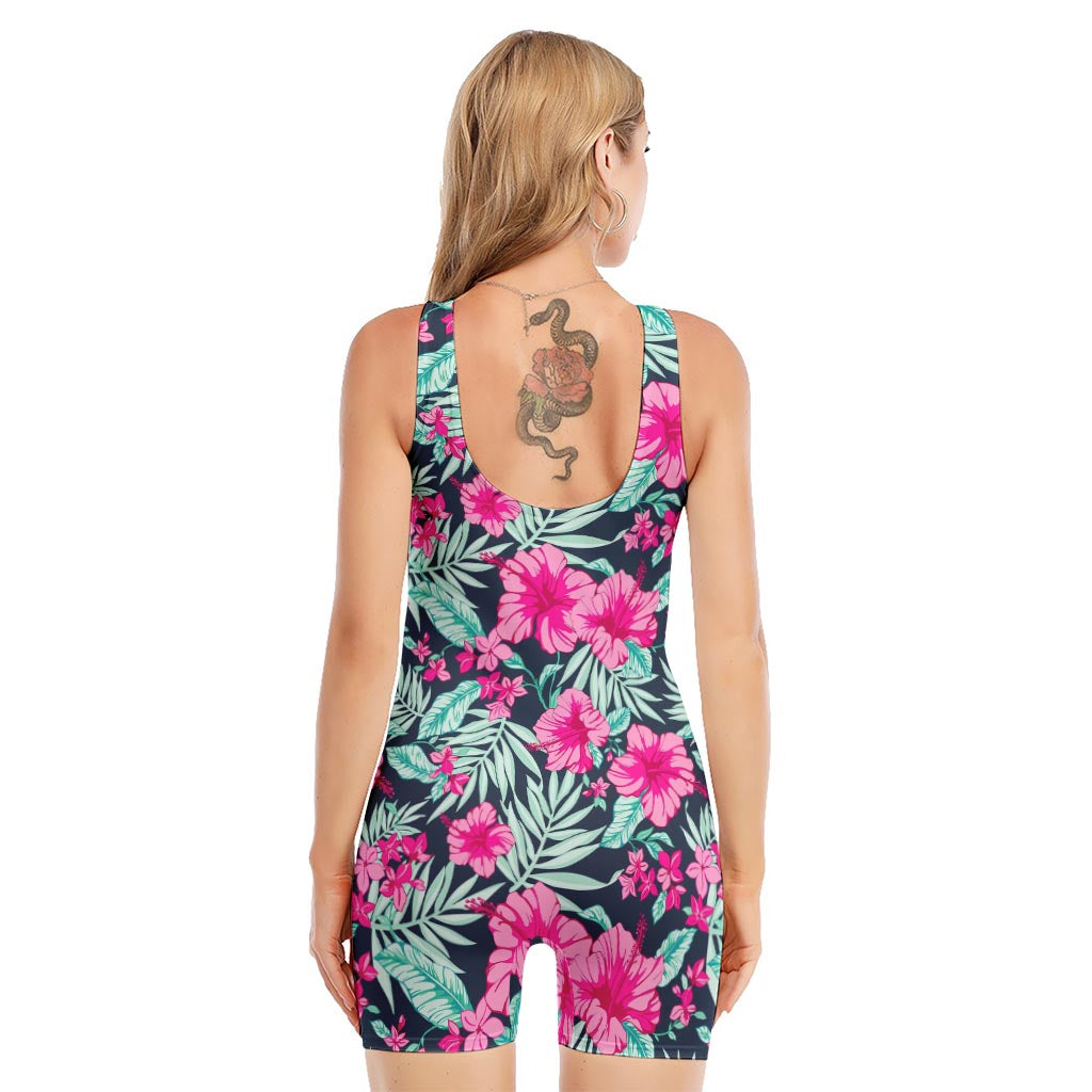Pink Hibiscus Tropical Pattern Print Sleeveless One Piece Swimsuit