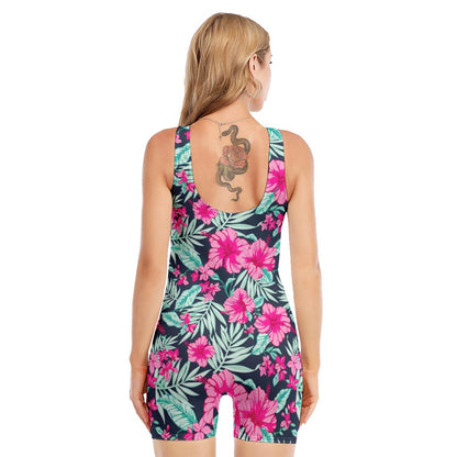 Pink Hibiscus Tropical Pattern Print Sleeveless One Piece Swimsuit