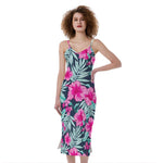 Pink Hibiscus Tropical Pattern Print Slim Fit Midi Cami Dress